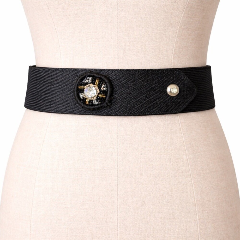 Vintage Valentino Night Black Beaded Fabric Leather Waist Belt xs 80s